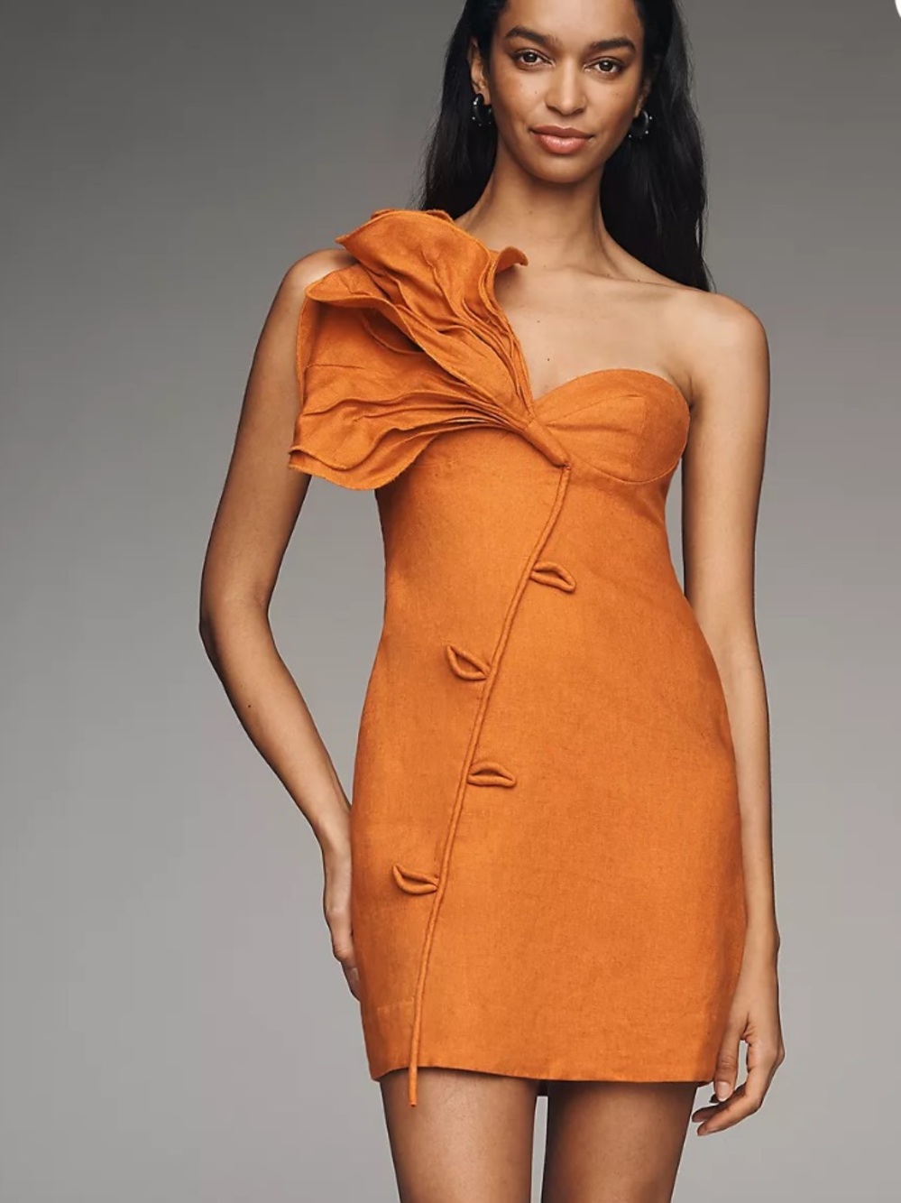 Farm Rio Sculptural Flower One-Shoulder Linen Mini Dress